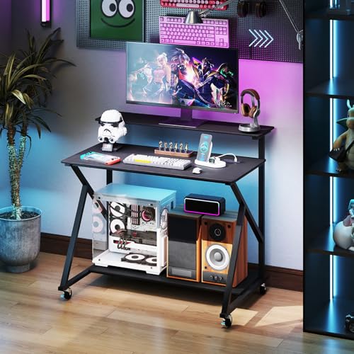 Giantex Rolling Computer Desk with Charging Station, Mobile Portable Laptop Desk with Monitor Stand & Storage Shelf, Small Desk with Lockable Wheels for Small Spaces, Home Office (Black) - color: Black, size: 26"D x 39.5"W