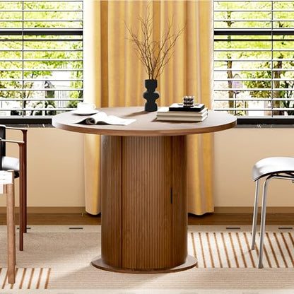 Wildhome Round Dining Table for 2-3, 31 Inch Dining Room Kitchen Table with 2-Tier Storage Shelf & Wine Rack, Modern Farmhouse Fluted Wood Slide Door Dinner Furniture,Circle(Non scalable-32 in) - color: Non-scalable-32 Inch-walnut