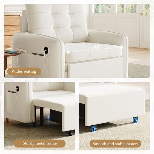 3-in-1 Convertible Sleeper Chair Bed, Multi-Functional Chenille Single Sofa Bed with Storage Pockets and Box, 80" Extra Long Pull Out Sleeping Lounge Chair for Living Room & Apartment (Beige,35) - color: Beige,35