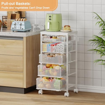 Kitchen Storage Cart with Wheels, 5-Tier Fruit Vegetable Storage Cart, Kitchen Organizer and Storage Cart with Drawers, Wooden Top Metal Wire Pantry Storage Cart for Fruit Snack Onion Potato, White - size: 5-Tier White