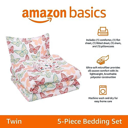 Amazon Basics 5-Piece Soft Microfiber Kid's Bed-in-a-Bag Bedding Set with Comforter, Sheets, Sham and Pillowcase, Twin, Butterfly Friends - color: Butterfly Friends, size: Twin