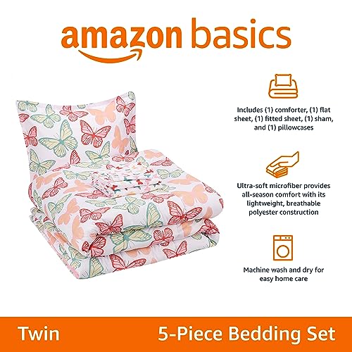 Amazon Basics 5-Piece Soft Microfiber Kid's Bed-in-a-Bag Bedding Set with Comforter, Sheets, Sham and Pillowcase, Twin, Butterfly Friends - color: Butterfly Friends, size: Twin