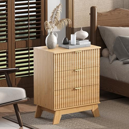 Natural Oak Night Stand with 3 Drawers, Bedside Table & End Table, 24" Wide Mid Century Modern Fluted Wood Nightstand with Metal Handles, Farmhouse Night Stands for Bedroom - color: Natural Oak, style: 3 Drawers