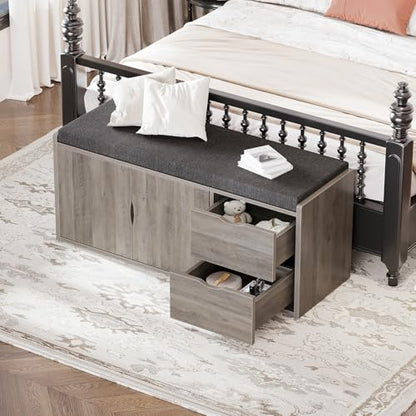 LVB 2-Tier Storage Bench with Padded Cushion, Entryway Bench with 2 Drawers | 2 Barn Doors & Adjustable Shelf, Industrial Style for Foyer, Bedroom, Living Room, Greige, 40 Inch - color: Greige