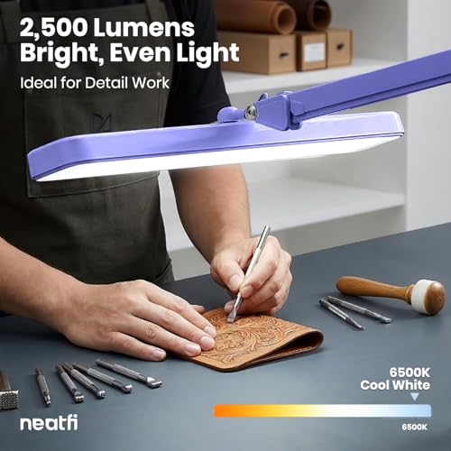 Neatfi XL 2,500 Lumens 30W LED Task Lamp for Manicure Table, Crafts, Workbench, Office – 22” Wide Shade Desk Light | Eye-Caring 6500K | 4-Level Brightness (Lavender, Non-CCT with Clamp) - color: Lavender