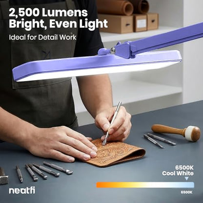 Neatfi XL 2,500 Lumens 30W LED Task Lamp for Manicure Table, Crafts, Workbench, Office – 22” Wide Shade Desk Light | Eye-Caring 6500K | 4-Level Brightness (Lavender, Non-CCT with Clamp) - color: Lavender