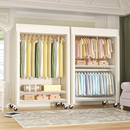 White Clothing Rack with Beige Cover, P1C Plus Rolling Closet | Metal Garment Rack with Wheels for Hanging Clothes, Portable Clothing Storage Wardrobe - color: White Rack with Beige Cover