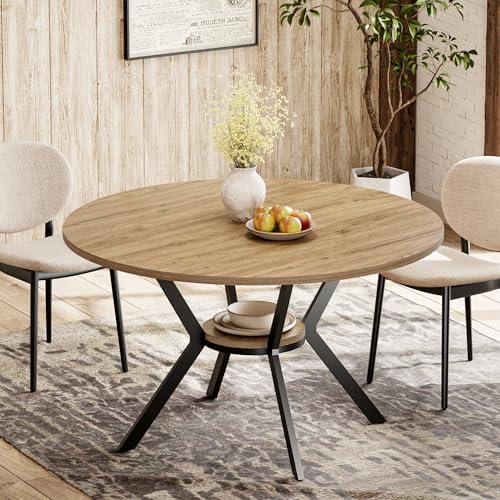 MECHYIN 42 Inch Round Dining Table for 2–4, Farmhouse Round Kitchen Table with Storage Shelf, Pedestal Dining Table, Wood Top & Metal Base, Small Space Table for Apartment, Dining Room - color: 8-natural Wood, size: 42 Inch