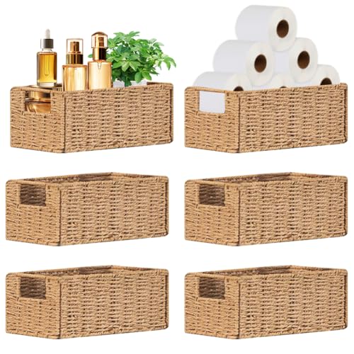6 Pcs Small Wicker Baskets, Wicker Woven Storage Basket with Handle | Toilet Paper Baskets Towel Basket Foldable Cube Storage Organizer Bins for Shelves, Beige - color: Beige