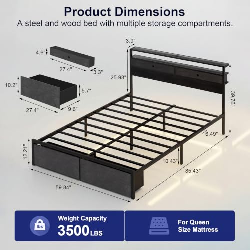 Queen Bed Frames with LED Lights and Charging Station, Platform Bed with Metal Slats, Wood Headboard with 2 Fabric Drawers and Storage Shelves, No Box Spring Needed