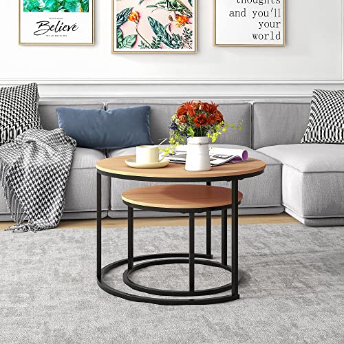 HOJINLINERO Round Nesting Coffee Table Set of 2,Cocktail Table,Large,Oak | Center Table for Living Room,Small Apartment,Small Space,Stacking Side Tables,Wood Tabletop,Sturdy and Easy to Assemble - color: Bk+oakdk, size: Large