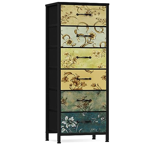 Tall 6 Drawers Dresser for Bedroom, Vintage Storage Organizer Unit | Tall Nightstand with Fabric Drawers, Retro Floral Pattern, Skinny Dresser for Closet, Dorm, Entryway, Metal Frame, Wood Top - size: 11.8"D x 15.8"W x 45.9"H (6 Drawers)