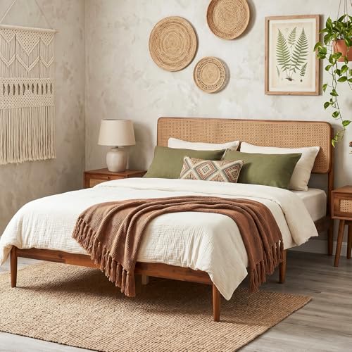 GIANTEX Rattan Queen Bed Frame, Boho Wood Platform Bed with Wicker Headboard, Wooden Mattress Foundation & Support Slats, Under-Bed Storage, Queen Size Bedframe for Adults, No Box Spring Needed - size: Queen