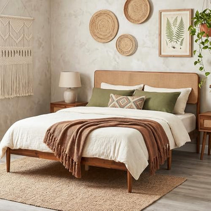 GIANTEX Rattan Queen Bed Frame, Boho Wood Platform Bed with Wicker Headboard, Wooden Mattress Foundation & Support Slats, Under-Bed Storage, Queen Size Bedframe for Adults, No Box Spring Needed - size: Queen