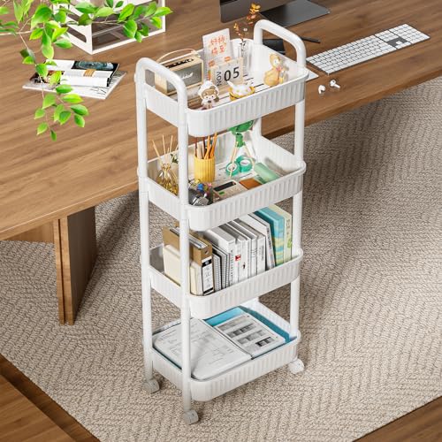 JOYZAN 4 Tier Rolling Carts with Wheels, Utility Cart with Handle and Locking Caster, Storage Cart for Kitchen, Office, Bedroom, Suitable for Diaper, Art Tools, Snack, Craft Storage Cabinet, White - size: White-4 Tier
