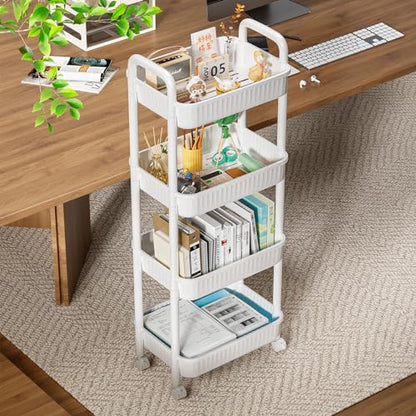 JOYZAN 4 Tier Rolling Carts with Wheels, Utility Cart with Handle and Locking Caster, Storage Cart for Kitchen, Office, Bedroom, Suitable for Diaper, Art Tools, Snack, Craft Storage Cabinet, White - size: White-4 Tier