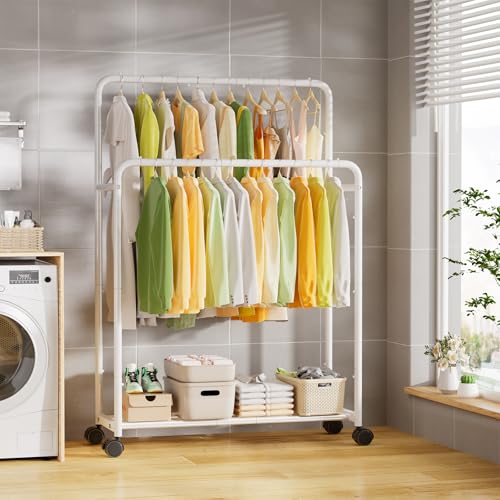 Simple Trending Clothing Clothes Rack, Double Rod Garment Rack, White | Portable Closet with Bottom Shelf, Anti-Slip Stoppers, 360° Lockable Wheels, Multiple Uses, Bedroom, Laundry Room - color: White