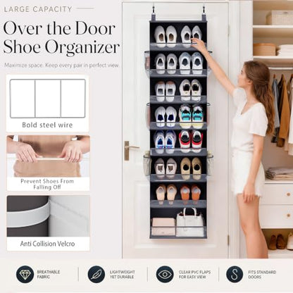 Ligereza Over the Door Shoe Organizer for 20-30 Pairs, 8-Tier, Black | Hanging Shoe Rack Holds Sneakers, Boots & Heels, Angled Pockets for Instant Access, Adjustable Hooks fit All Door Thicknesses