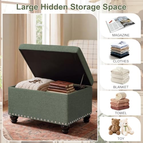 Ottoman with Storage, Fabric Ottoman Foot Rest 24" Rectangle Tufted Foot Stools Ottomans with Hinged Lid Upholstered Button Ottomans for Bedroom Living Room Entryway, Green - color: Green