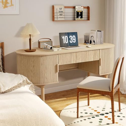 Home Office Oval Desk with Sliding Tambour Door and Drawer, Modern Fluted Wood Executive Computer Storage Desk for Study, Living Room, Bedroom, Office - Natural - color: Natural