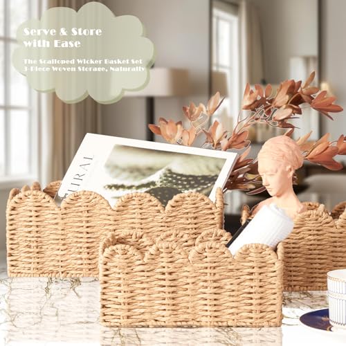 Scalloped Wicker Baskets Set of 3, Hand-Woven Storage with Handles | set of 3 tan scalloped baskets with handles. Hand-woven paper rope for shelves, bathroom or closet. Stackable, sturdy. - color: Tan