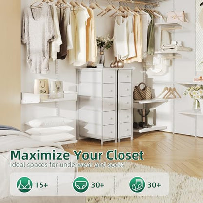Narrow Dresser, 19" Wide Narrow Nightstand Dresser Storage Tower with 5 Drawers, Slim Fabric Dressers Chest of Drawers for Small Spaces, Wood Top & Fabric Bins for Bedroom Bathroom Closet (White) - color: White