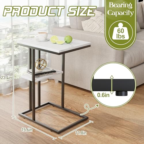 C Shaped End Side Table, Couch Sofa Table for Small Space, Black Snack Table with Metal Frame, TV Tray Table for Bed, Living Room, Bedroom, Bedside(White Marble) - color: White Marble+black