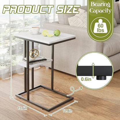 C Shaped End Side Table, Couch Sofa Table for Small Space, Black Snack Table with Metal Frame, TV Tray Table for Bed, Living Room, Bedroom, Bedside(White Marble) - color: White Marble+black
