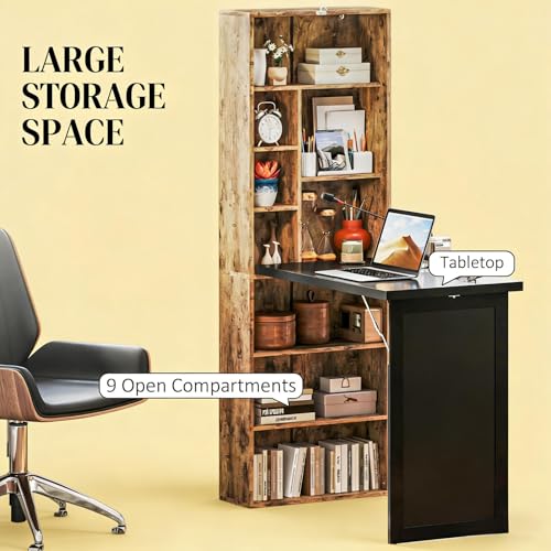 Foldable Wall Mounted Desk with Storage Shelves & Blackboard, Fold-Out Convertible Writing Table for Small Spaces | Space-Saving Floating Computer Desk for Home Office (Brown) - color: Brown