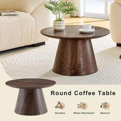 Walnut Coffee Table, 23.6" Small Coffee Table, Natural Wood Grain Round Tabletop with Wooden Cone Base, Round Living Room Table with Adjustable Feet, Mid Century Center Table for Apartment,Small Space - color: 23.6" Walnut Coffee Table