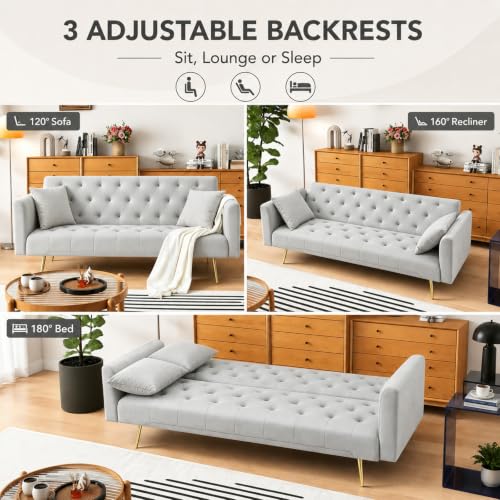 Anwick 72''Modern Velvet Sofa Bed Futon,Convertible Folding Sleeper Couches with 3 Adjustable Backrests,Tufted Recliner Loveseat with Golden Chrome Legs for Living Room Apartment Office (Grey) - color: Grey
