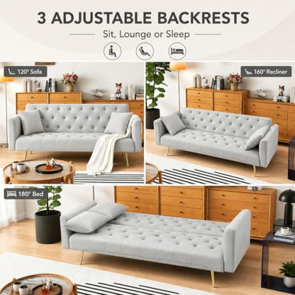 Anwick 72''Modern Velvet Sofa Bed Futon,Convertible Folding Sleeper Couches with 3 Adjustable Backrests,Tufted Recliner Loveseat with Golden Chrome Legs for Living Room Apartment Office (Grey) - color: Grey