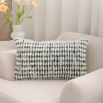 LUOYEHK Boho Throw Pillow Covers 12x20 Inch Set of 2 Farmhouse Neutral Lumbar Pillow Covers Chenille Tufted Pillowcase for Couch Sofa Bed Living Room, Green White - color: Green White, size: 20" x 12" (Pack of 2)