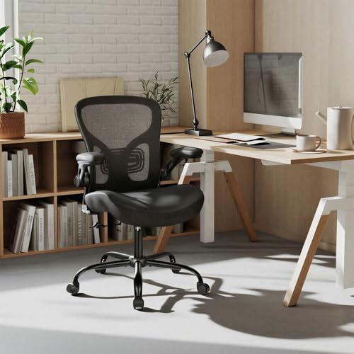 Ergonomic Office Chair, Flip-up Armrest, Mesh Back PU Leather Seat | Black Computer Desk Chair, Height Adjustable, Lumbar Support, Breathable Mesh Back, Thick PU Leather Cushion, 300lb Cap