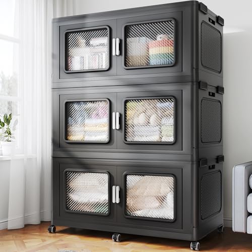 BROVIEW 900 Qt Extra Large Stackable Storage Bin with Lids, 3 Pack Black | 225Gal Extra Large, Collapsible Storage Boxes with 3 Lids, Folding& Rolling Plastic Drawer, Heavy-Duty Cabinet Organization - color: Black, size: 300QT-3pack