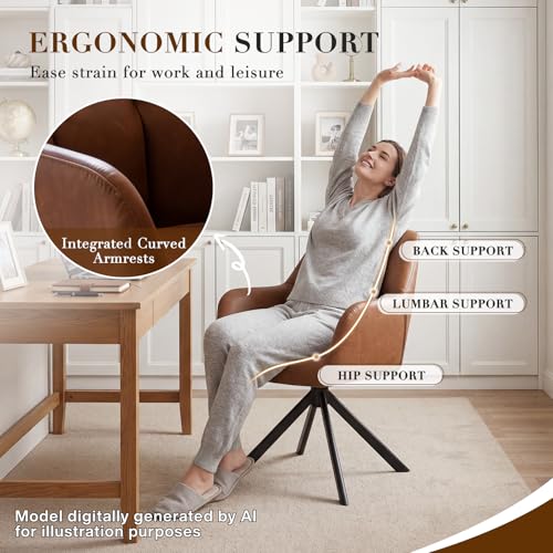 EALSON Comfy Leather Desk Chair Modern Computer Task Chair no Wheels Swivel Accent Chair with Mid Back Arm Chair for Living Room/Bedroom/Home Office, PU Brown - color: Brown