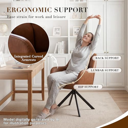 EALSON Comfy Leather Desk Chair Modern Computer Task Chair no Wheels Swivel Accent Chair with Mid Back Arm Chair for Living Room/Bedroom/Home Office, PU Brown - color: Brown