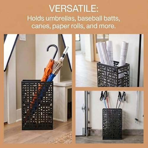BEWBBAT Umbrella Stand Rack for Entryway, Hollow Metal Holder, FreeStanding Storage Bin for Long Umbrellas, Holds 6-7, Black