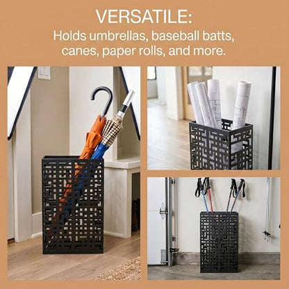 BEWBBAT Umbrella Stand Rack for Entryway, Hollow Metal Holder, FreeStanding Storage Bin for Long Umbrellas, Holds 6-7, Black