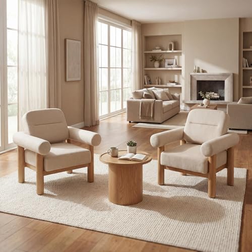 HNY Set of 2 Mid-Century Chenille Barrel Chair, Khaki | Comfy Round Upholstered Armchair, Solid Wood Frame With Open Back, Lounge Side Club Chair - color: Khaki, size: 2