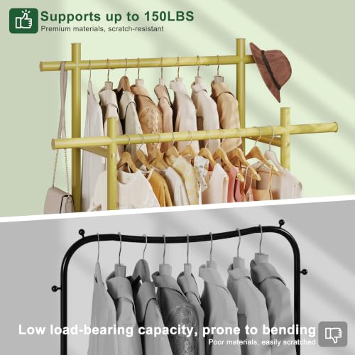 Lutown-Teen Metal Clothes Rack with Lockable Wheels, Double Rods, Gold | Clothing Rack Heavy Duty with Storage Rods, 150 LB Capacity Garment Rack, Easy Assembly - color: Gold, size: Double Rods