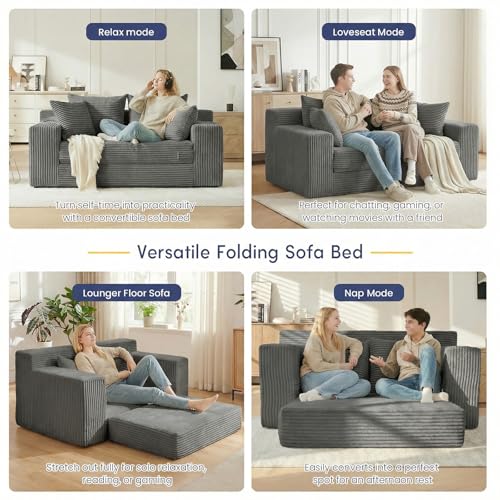 cidludto Boneless Couch Loveseat Sleeper, Convertible Sofa Bed Folding Couch Bed Foldable, 2 in 1 Boneless Chair Bed & Futon Sofa Bed, Small Pull Out Sofa with 4 Pillows for Living Room, Grey - color: Grey, size: Loveseat-55''
