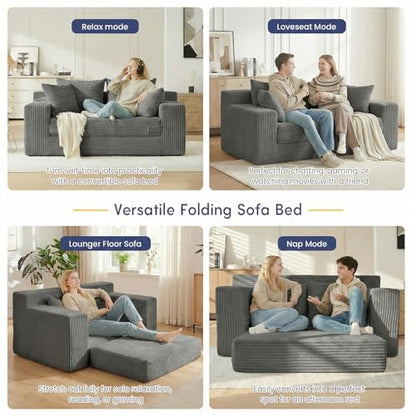 cidludto Boneless Couch Loveseat Sleeper, Convertible Sofa Bed Folding Couch Bed Foldable, 2 in 1 Boneless Chair Bed & Futon Sofa Bed, Small Pull Out Sofa with 4 Pillows for Living Room, Grey - color: Grey, size: Loveseat-55''