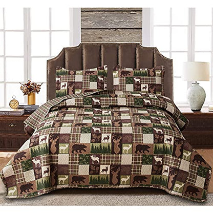 Reversible Lodge Plaid Bedding Moose Bear Quilt King Size Rustic Bedspread Cabin Coverlet Wildlife Forest Daybed Cover Summer Lightweight Bed Cover Pillow Shams - color: Brown Green, size: King(108"x96")