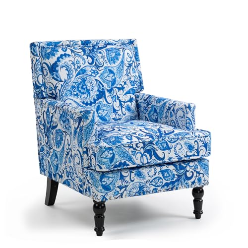 Accent Chair, Modern Comfy Mid-Century Anthropologie Accent Chairs | Linen Upholstered Wingback Lounge Arm Chair with Solid Wood,Single Floral Pattern Chair for Living Room/Balcony/Bedroom - color: Porcelain-sackcloth-001