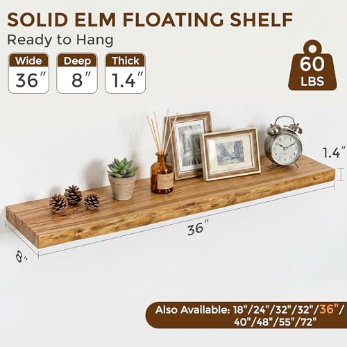 Dreamland 36 Inch Long Floating Shelves Set of 2, Rustic Solid Elm Wood Live Edge Floating Shelf Wall Mounted, 8 Inch Deep Wooden Wall Shelves for Living Room, Bedroom, Bathroom, Kitchen, Natural - color: Natural, size: Live Edge - 36"L