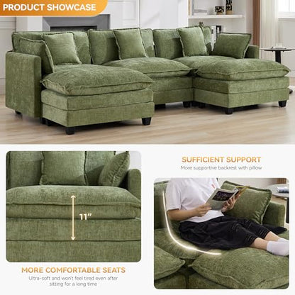 111'' Sectional Cloud Deep Seat Couch, Oversized Chenille U Shaped Sectional Sofa for Living Room Set, Comfy Upholstered Modular 3-Seats Sectional Sofa Couch with 2 Movable Ottoman, Green - color: Green, size: 111'' U Shape