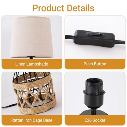 Boho Table Lamp for Bedroom, Small Bedside Lamp with Rattan Metal Cage Base and Linen Shade, Nightstand Lamp for Living Room, Farmhouse Coastal Rustic Bedroom Decor, E26 Socket, Bulb Not Included - size: 1 Pack