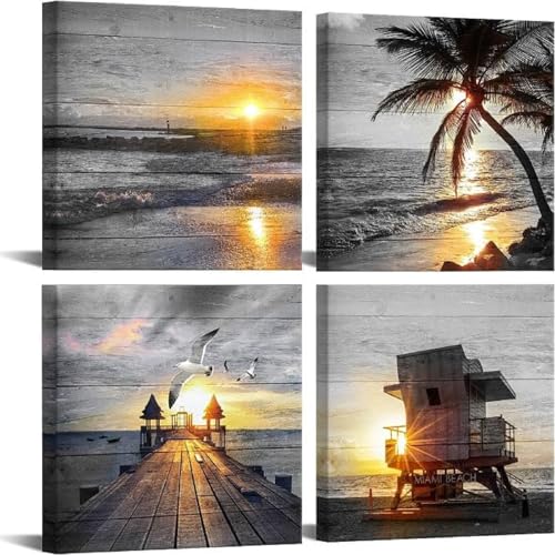 Yxbhhym- Bathroom Wall Art Black and White Gold Beach Wall Art Ocean Canvas Print Sunrise Sunset Seascape Scenery Painting Poster Framed Picture Bedroom Wall Decor Living Room Office Wall Decoration - color: black white bech G, size: 12"L x 12"W x 4 pcs
