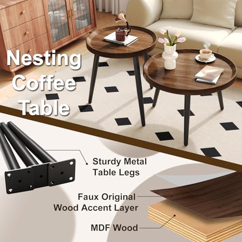 2 PCS Small Round Coffee Table Set, Mid Century Modern Coffee Tables for Living Room, Walnut Nesting Tables for Small Spaces, Easy Assembly Circle Wood Center Table,Black Side/End Table Set of 2,Brown